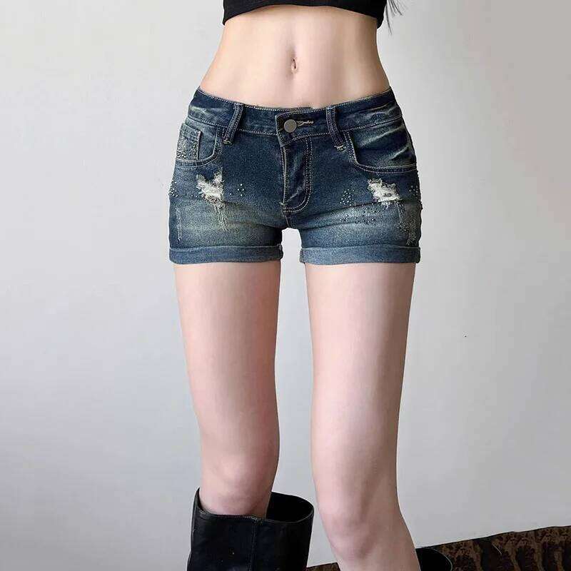 Summer Women Hole Denim Sexy Low Waist Slim Fit Hot Rhinestones Short Jeans Woman Retro Y2K Streetwear Roll Up Hem Shorts XJ260206