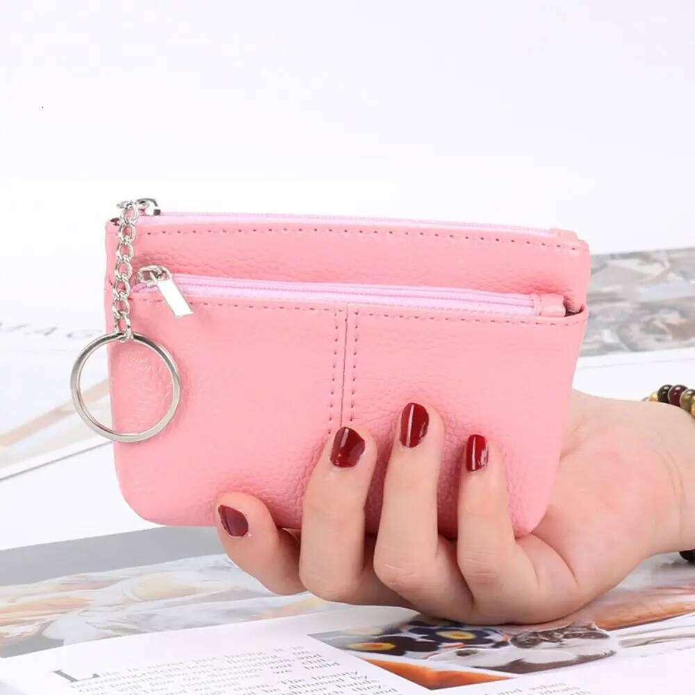 Portable PU Coin Purse Mini Zipper Leather Purses with Keychain Solid Color ID Credit Card Holder Y260206