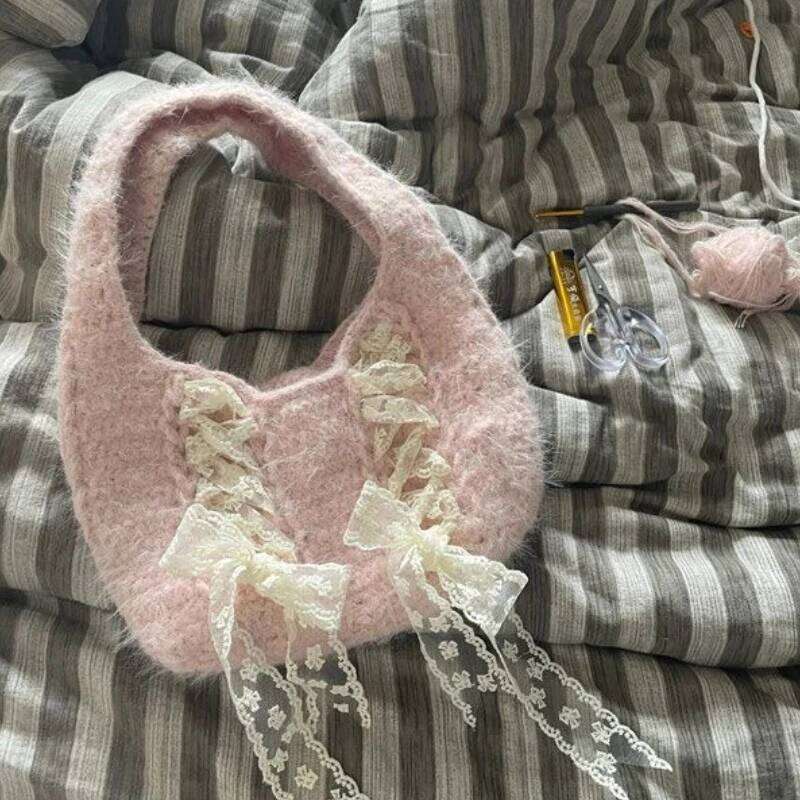 Kawaii Girls Fluffy Women's Handbags Sweet Y2k Aesthetic Bandage Bow Shoulder Bags Japanese All Match Casual Trendy Underarm Bag Y260205