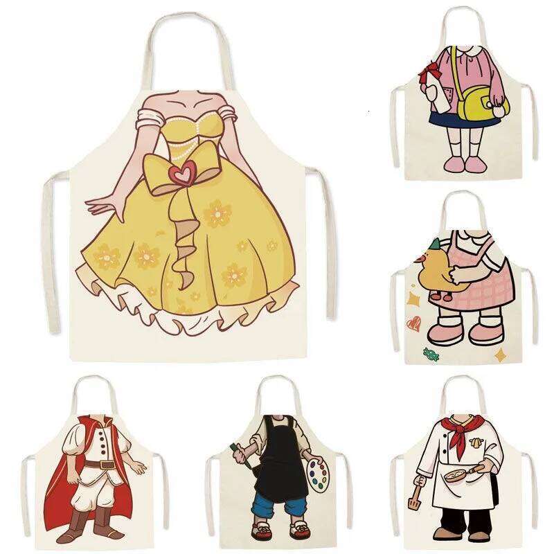 Creative funny cartoon princess apronLinen apron for painting, anti-fouling and anti-dirty overalls, kitchen hot pot bibs S260205