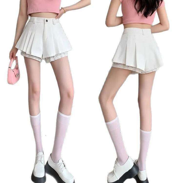 High Waist Lace Patchwork Silk Short Women's Spring Summer Thin Wide Leg Skirt Pants Casual Style Small Size Pleated XJ260206