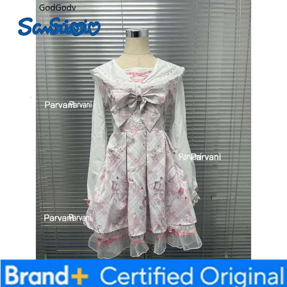 Sanrio 2025 Japanese Sweet Lolita Kawaii Women Spring Printed Bow Fake Two Piece Dress Female Korea Style Design Party Clothing H2602061 - view 4