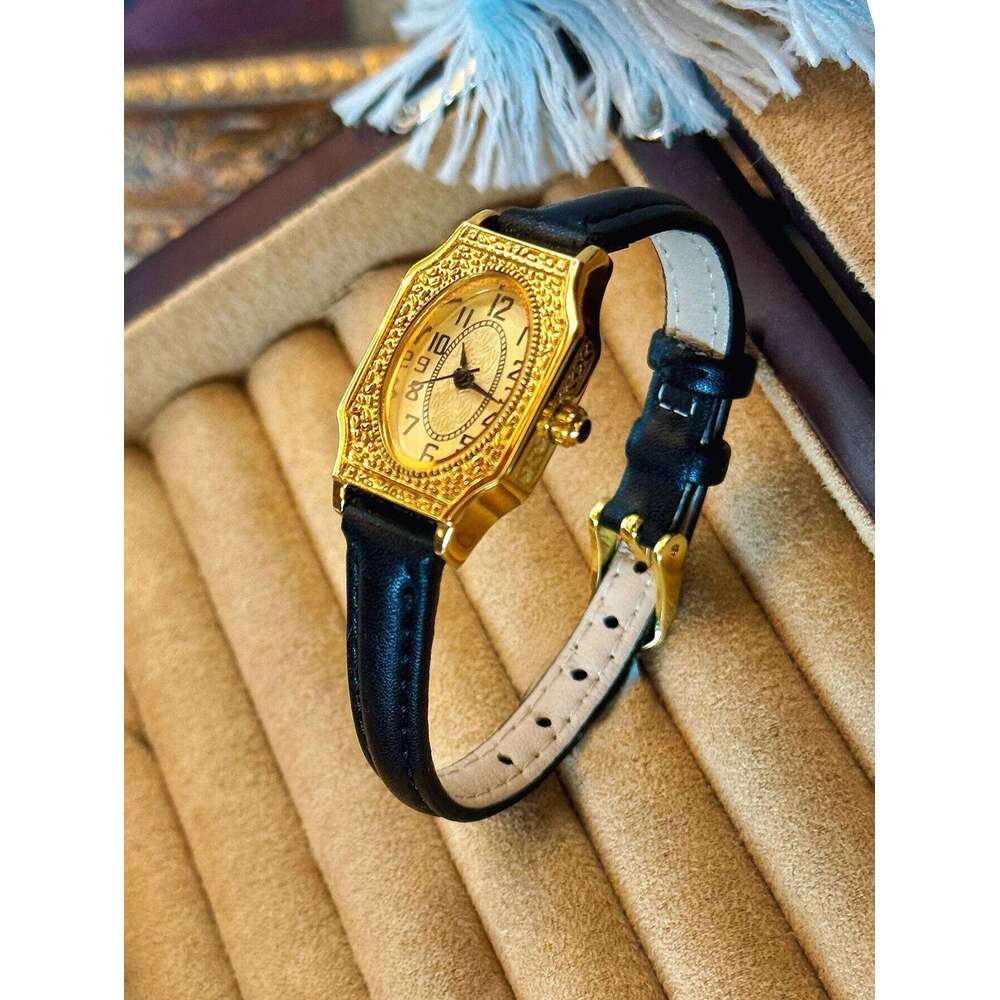 1 Piece of New Gold-Colored French Classic Retro-Style High-End Elegant Delicate Women's Quartz Watch Pu Leather Strap, Rectangular Engraved Dial