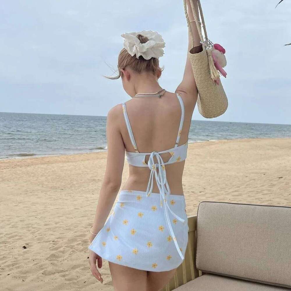 New 3 Pieces Set Floral Swimsuit Women Ribbed Swimwear Sexy Bandeau Bikini with Sarong Skirts Beach Wear Bathing Suit Korean Z260206