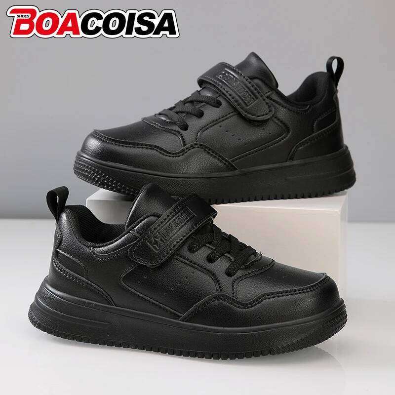 Black Kids Shoes Sports Running Casual Walking Student Fashion Leather Children's Boys Girls Sneakers Breathable Soft Outdoor 26Y0206