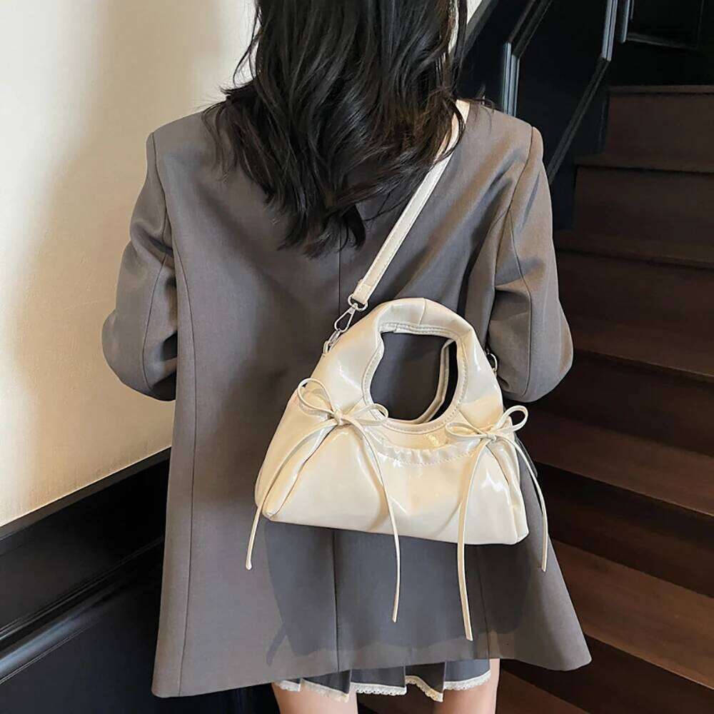 Women Summer Glossy PU Bow Handbags High Grade Buckle Solid Color One Shoulder Bag Daily All-Match Commute Crossbody Bags Y260205