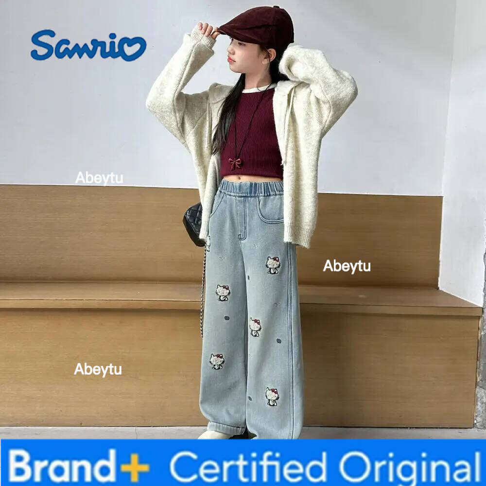Sanrio Hello Kittys Girls Jeans All-In-One Velvet Autumn Winter New Kawaii Cartoon Leisure Wide Leg Pants Thicken Keep Warm H260206