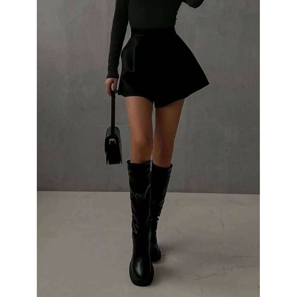 Ladies' autumn clothing solid color black elegant commuting loose fitting A pocket shorts and skirts C260206