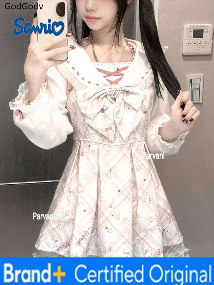 Sanrio 2025 Japanese Sweet Lolita Kawaii Women Spring Printed Bow Fake Two Piece Dress Female Korea Style Design Party Clothing H260206 - view 3