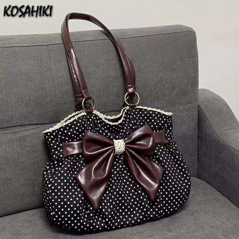 Vintage Y2k Aesthetic Dot Women's Handbag Casual Chic Bow Office Lady Shoulder Bags All Match Streetwear Trendy Ins Underarm Bag Y260205