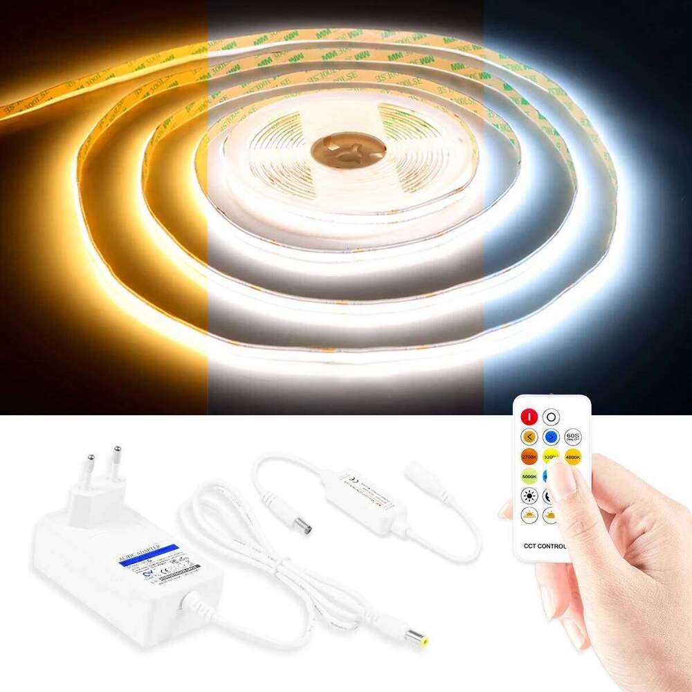 Dimmable 24V CCT COB Strip Lights 8mm 576LEDs/M Flexible LED Tape Ribbon for Room Decor 3000K 4000K 6000K 2M 5M 10M -EU Plug Z260206