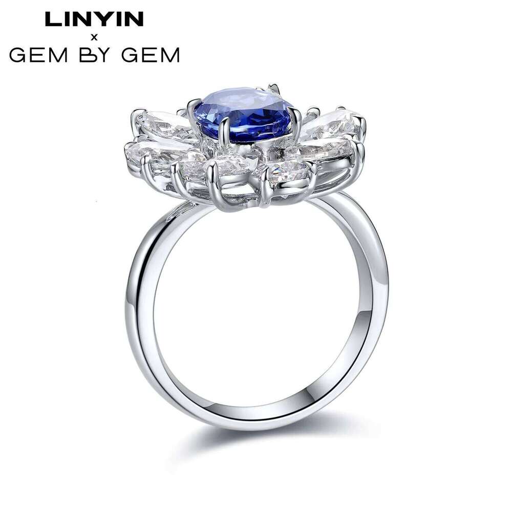 Fine Jewelry Factory 925 Silver Solid 18K White Gold Jewellery Engagement Natural Blue Sapphire Gemstone Diamond Ring