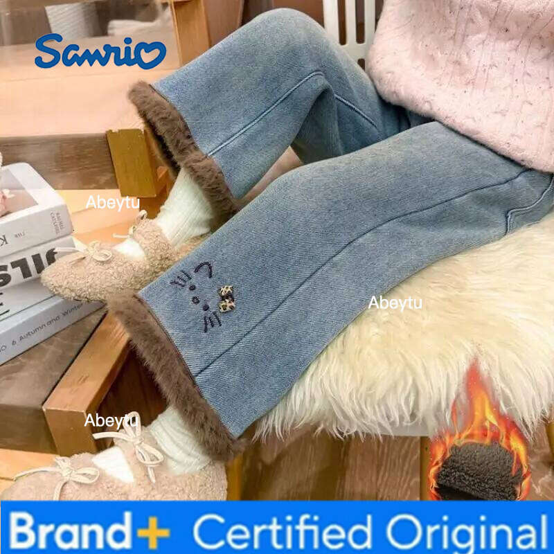 Sanrio Hello Kittys Girls Jeans Autumn Winter New Wide Leg Pants Leisure Fashion Keep Warm Plus Velvet Kawaii Cartoon H260206