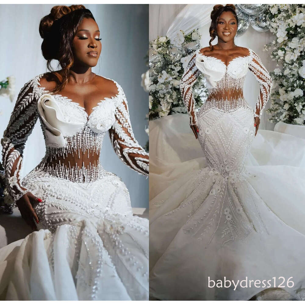 Stunning White Ivory Arabic Aso Ebi Plus Size Mermaid Wedding Dresses Majoring Beadings Pearls Full Sleeves Luxurious Bridal Gowns 4N12