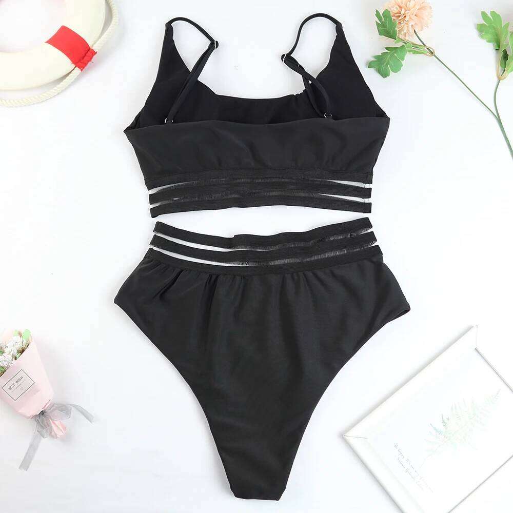 2025 Sexy Black Bikini Set Two Piece High Waist Mesh Brazilian Biquini Swimwear Bathing Suit Push Up Ladies Summer Beachwear XJ260206