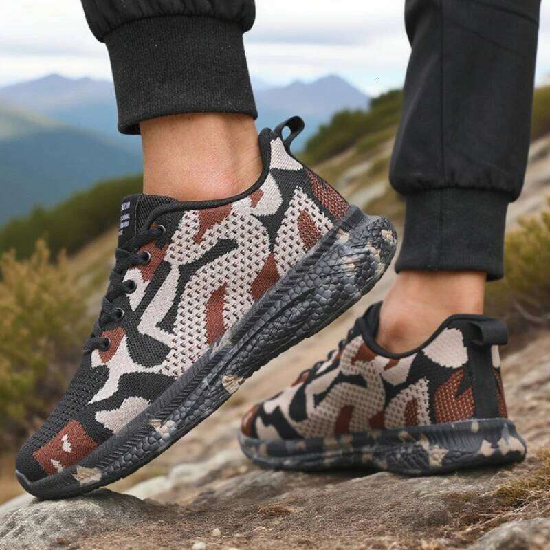 Men's Mesh Hiking Breathable Knit Fabric Lightweight Anti Slip Fashion Camo Sneakers Outdoor Comfort Camouflage Men Shoes