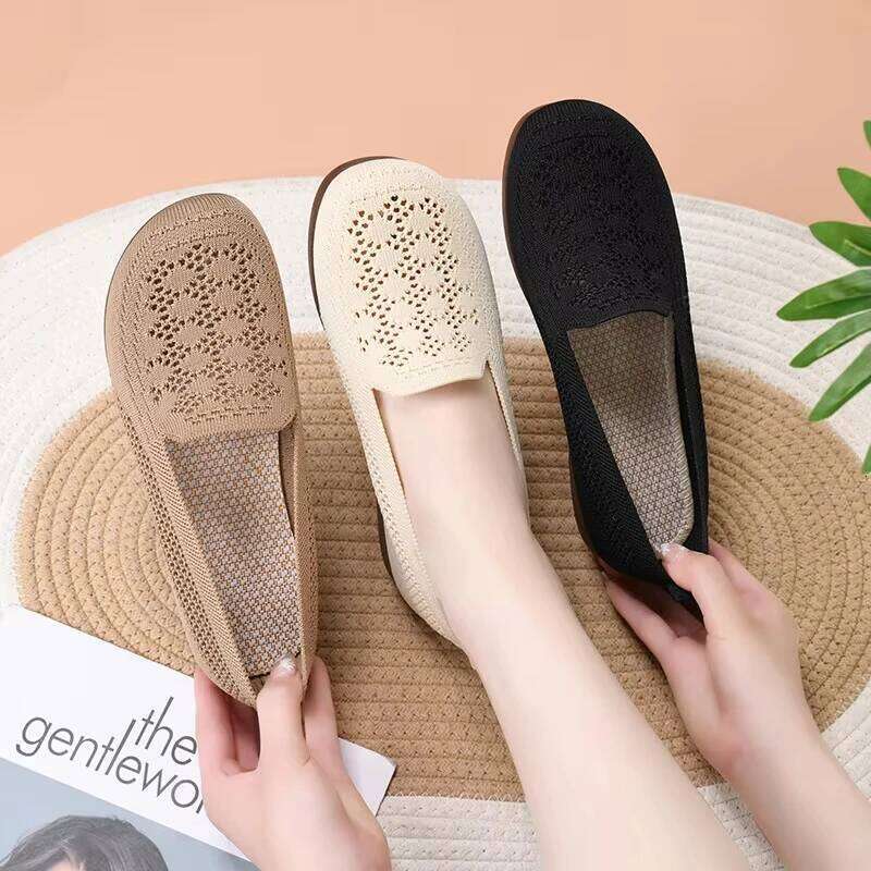 Women'S Summer New Mouth Lazy Casual Breathable Mesh Fabric Mom Soft Sole Shoes Flat Bottom