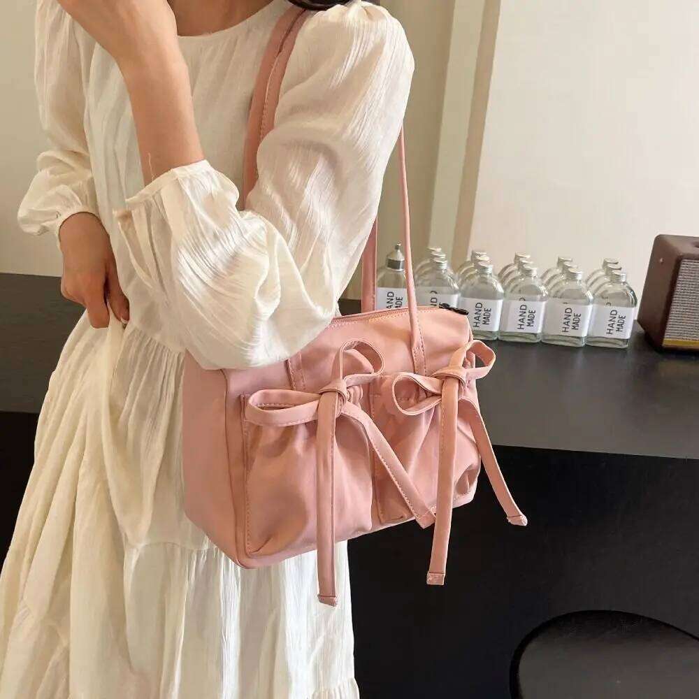 Simple Bowknot Bow Nylon Tote Korean Style Canvas Pleated Shoulder Handbag Large Capacity Armpit Bag Girls Y260205