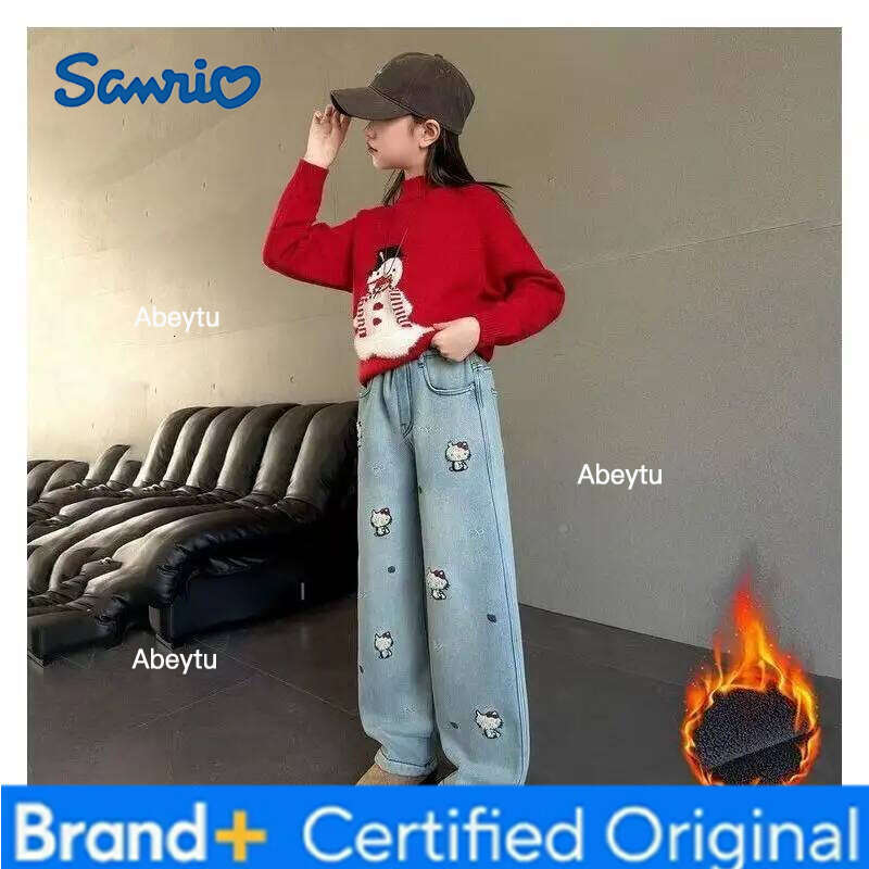 Sanrio Hello Kitty Jeans Girls Trousers Autumn Winter 2026 New Style Thickened Slim Fit Wide Leg Comfortable Pants Fashionable H260206