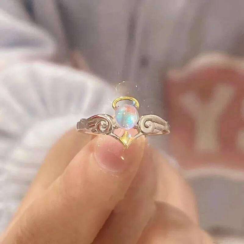 Romantic Angel and Demon Wings Couple Rings For Women Goth Fashion Moonstone Adjustable Opening Finger Men's Ring Party Jewelry W260206