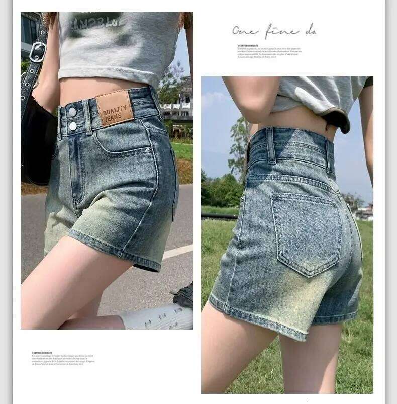 Women's Summer Double Button Denim High Waist Slimming Design A-line Jeans Shorts C260206