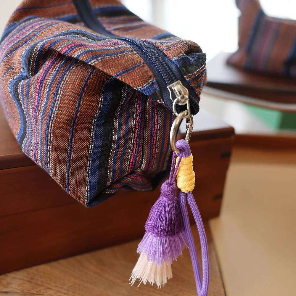 Colorful Striped Fringe Pendant Makeup Ethnic-Style Women's Zipper Travel Portable Storage Pouch Inner Liner Bag Clutch Y260206