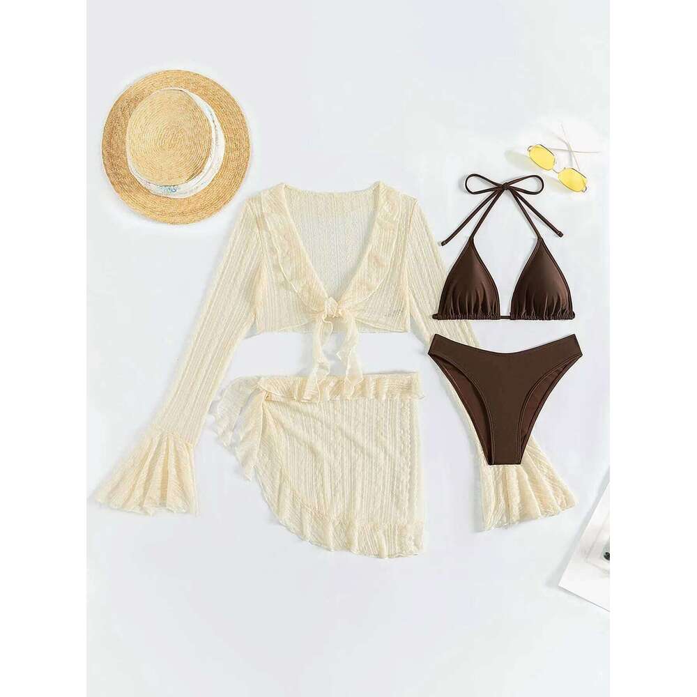 Women's 4 Piece Halter Neck Triangle High Cut Bikini Lettuce Trim Swimsuit Bathing Suit Cover Up Set XJ260206