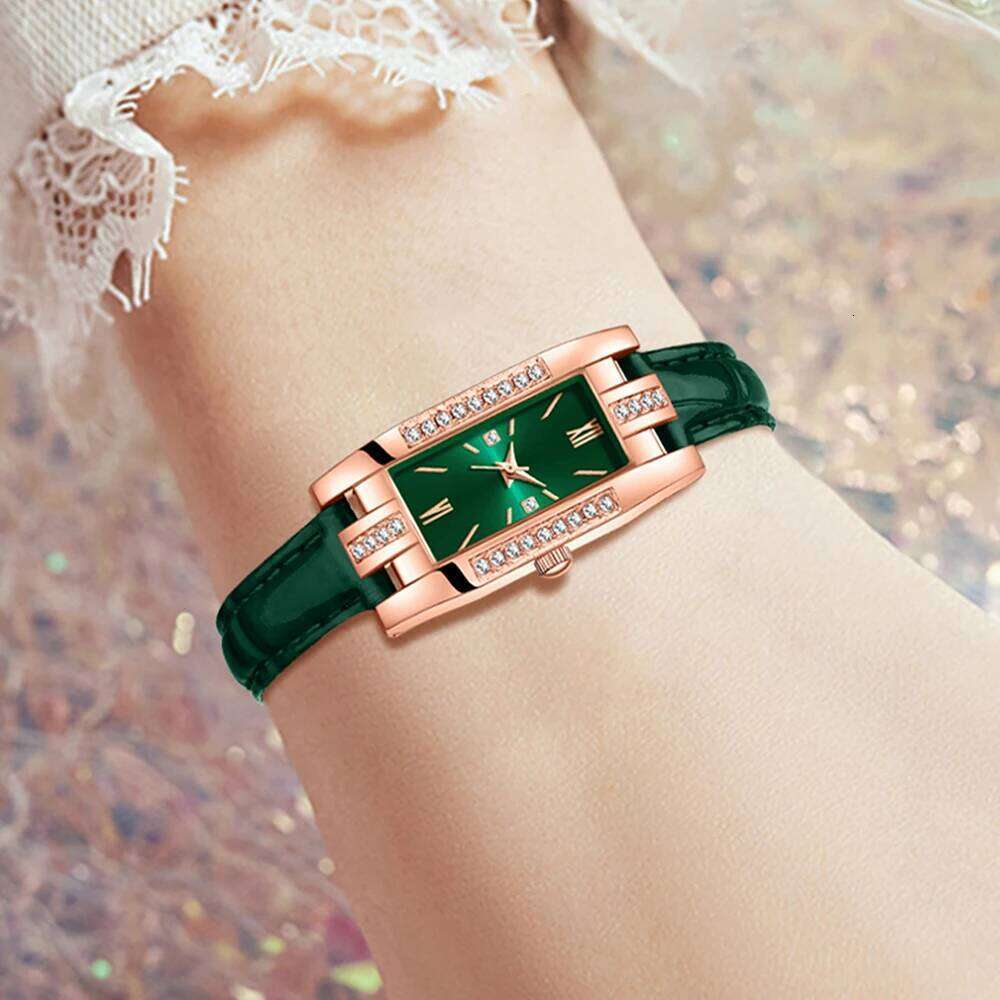 9 Pieces Green for Women Fashionable Rectangular Dial Watch Quartz Bracelet Necklace Earrings Set Holiday Gift Z260206