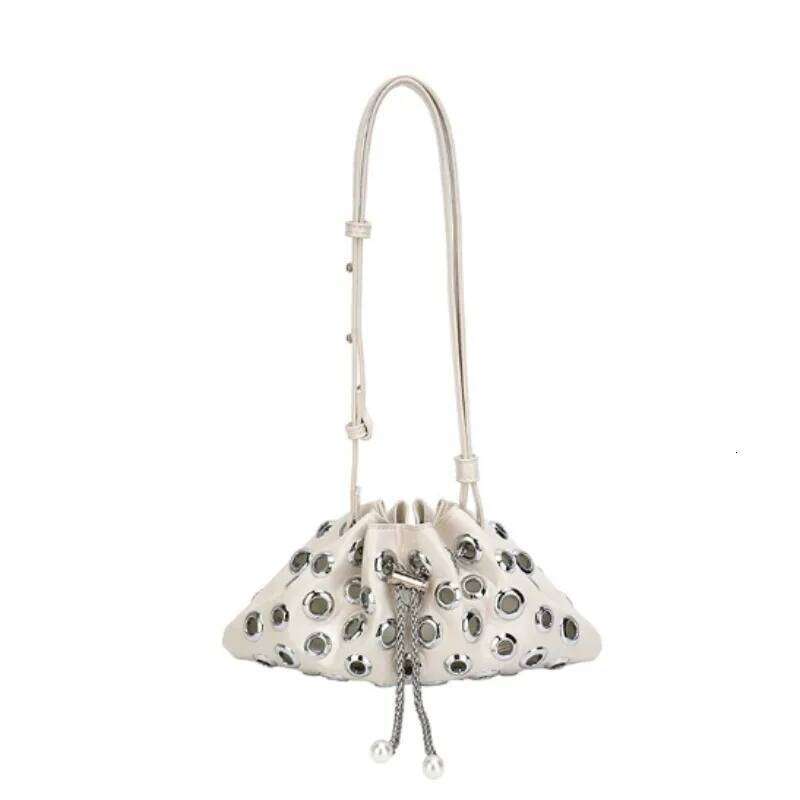 Women Metal Stud Shoulder Large Capacity Retro Hollow Drawstring Crossbody Bag Shopping Vacation Handbag Y260205