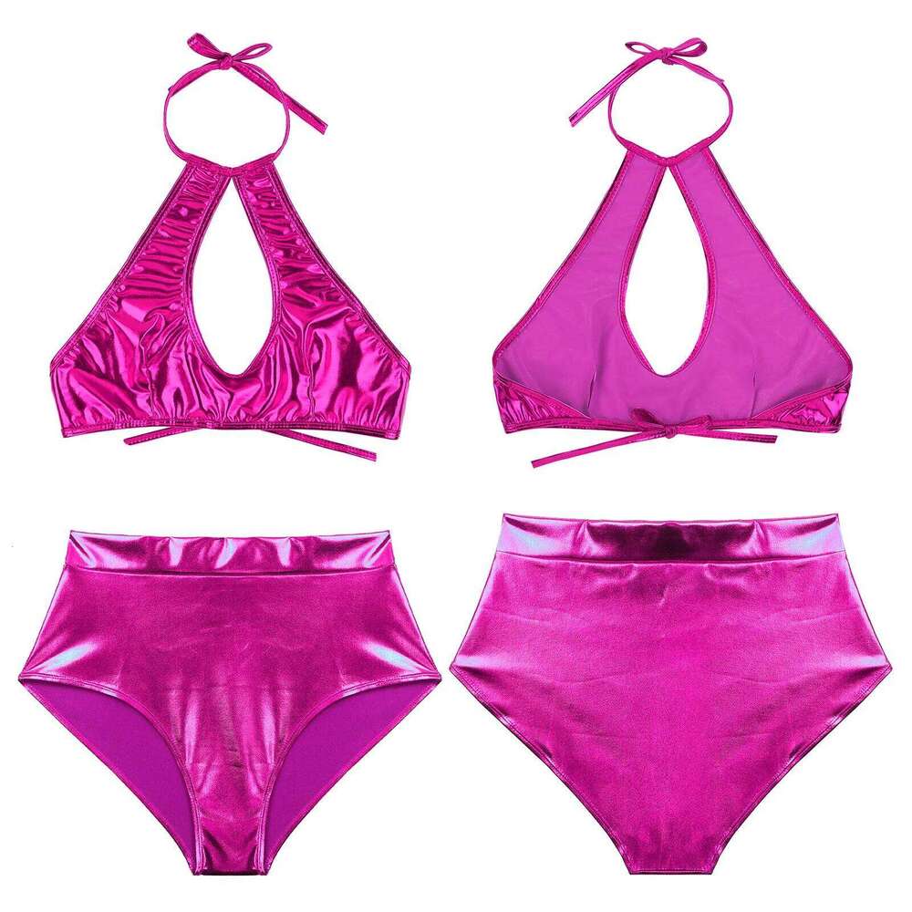 Women Metallics Shiny Bikini Set Sleeveless Halter Neck Crop Top with Shorts for Beach Pool Nightclub Party Music Festival Raves Z260206