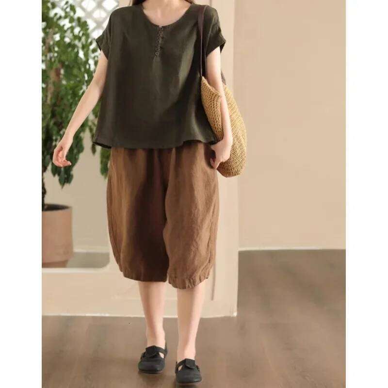Cotton Linen over Knee Summer Five-Point Loose Elastic plus Size Casual Wide Leg Pants for Middle-Aged And Elderly XJ260206