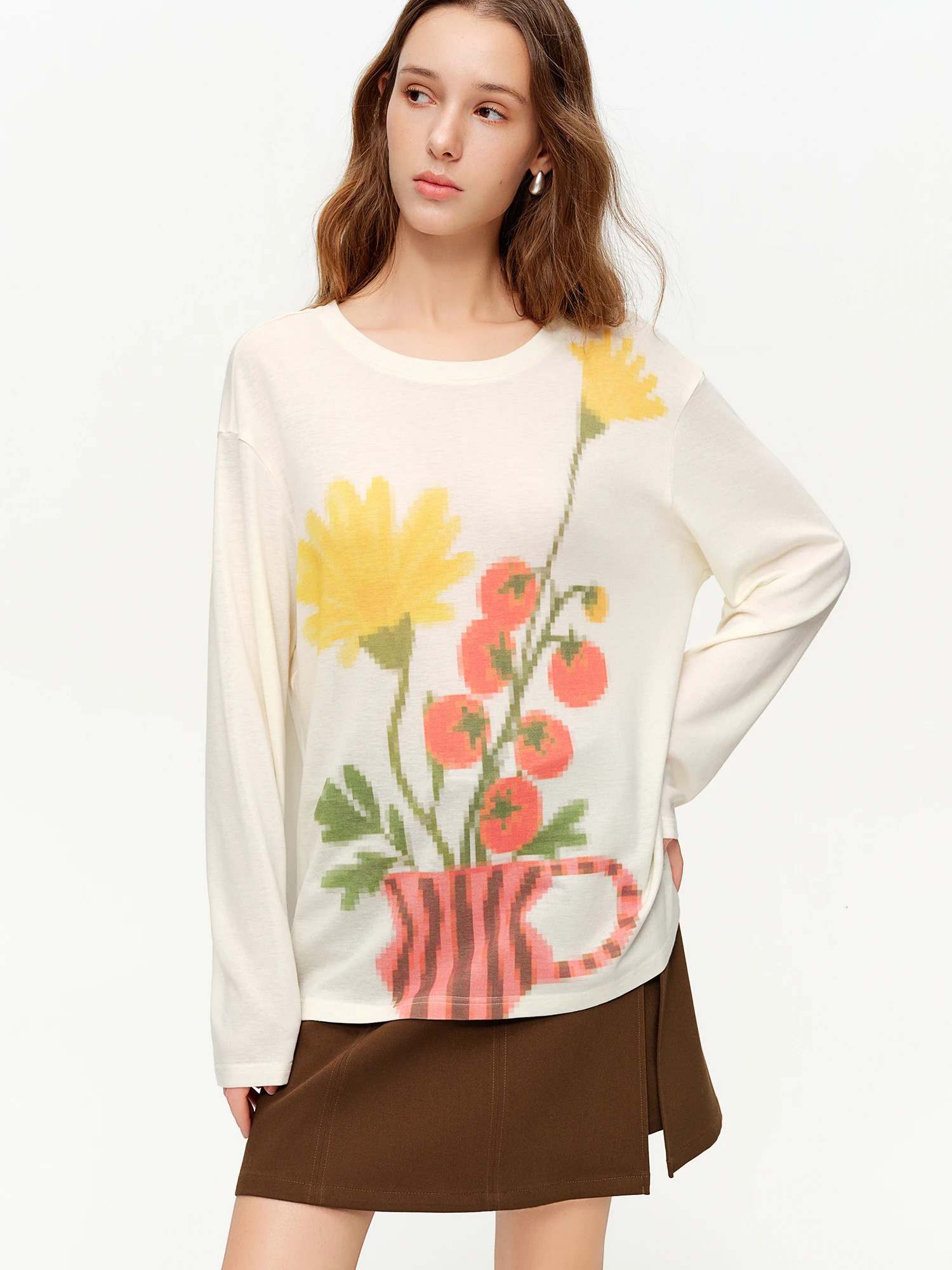 DUSHU Women Floral Art Retro Print Knit TShirt 2026 Spring Arrival n Loose Casual SlimFitting Top Long Sleeve 260127