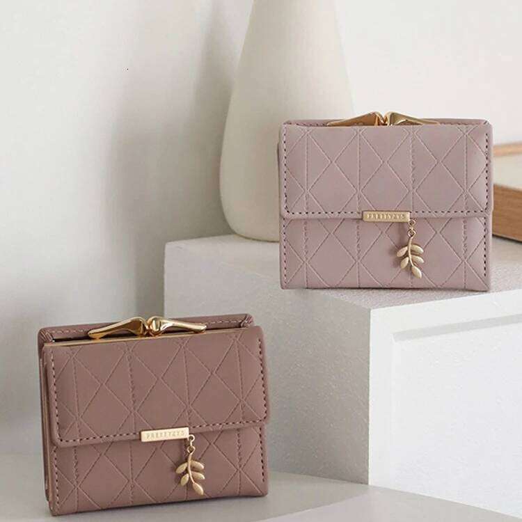 PU leather ladies' short small wallet with clasp, three-fold zipper, contrasting color and fresh student coin purse Y260206