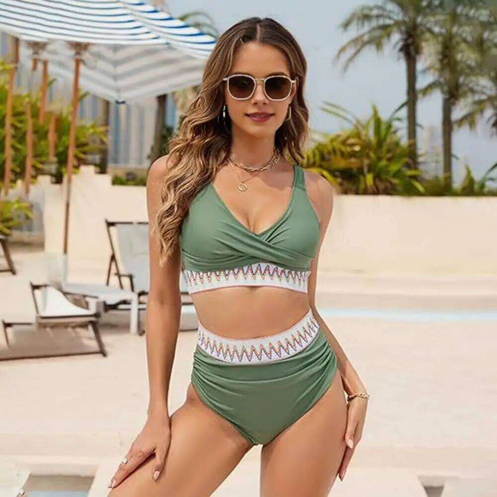 Summer Figure-flattering Two-piece Set Women's Bikini Sets for Beach Vacations High Waist Swimsuit V-neck Bathing Suit Z260206