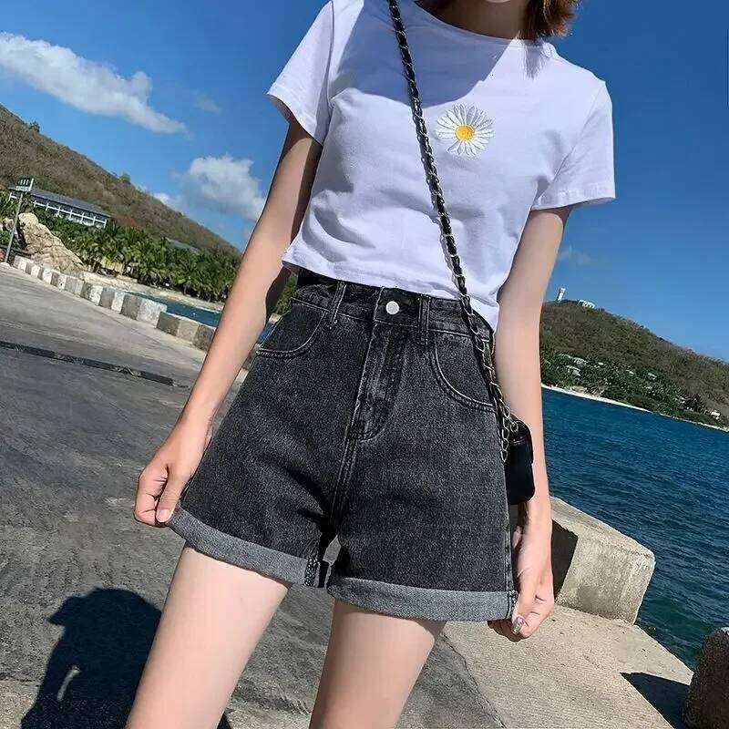 Black Gray Denim Shorts For Women Summer High Waist Loose Ropa Mujer C260206
