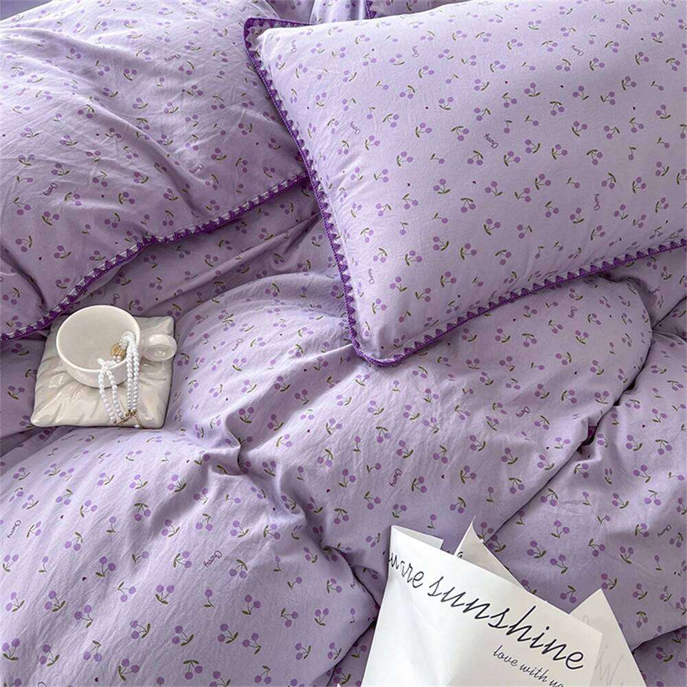 Washed Cotton Duvet Cover Purple Cherry Bed Sheet Pillowcase for Adults and Kids Home Textiles Four-piece Bedding Set XJ260206