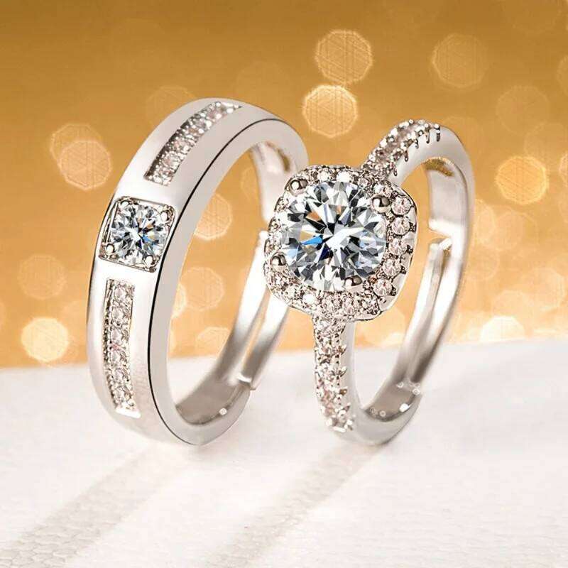 Luxury Geometric Square Zircon Opening Couple Rings for Women Men Exquisite Silver Color Stainless Steel Finger Wedding Jewelry W260206