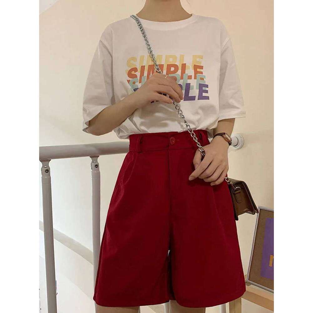 JMPRS Casual Women Wide Leg Summer Korean Fashion Button Red Ladies Elastic Waist Packets Female Black Shorts New XJ260206