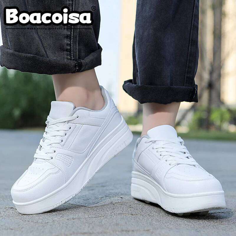 Boacoisa 4 Wheel Skate Shoes foy Boys Girls Walking Casual Outdoor Sports Slide Shrink School Students Pulleys Sneakers 26Y0206