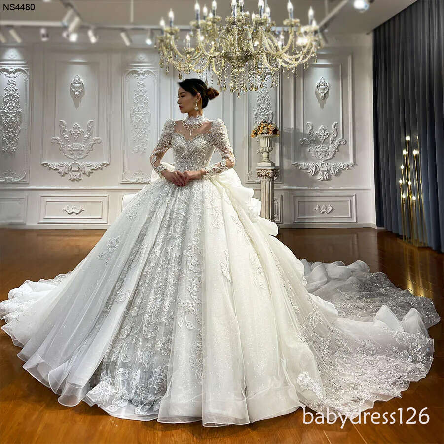 Lace Applique Crystal Beading Royal Train Wedding Dress