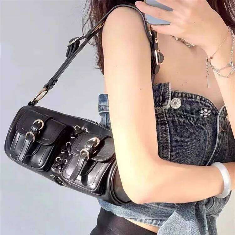 Vintage Black Women Cylinder Underarm Bags Double Pocket Design Ladies Shoulder Bag Fashion Female PU Leather Purse Handbags Y260205