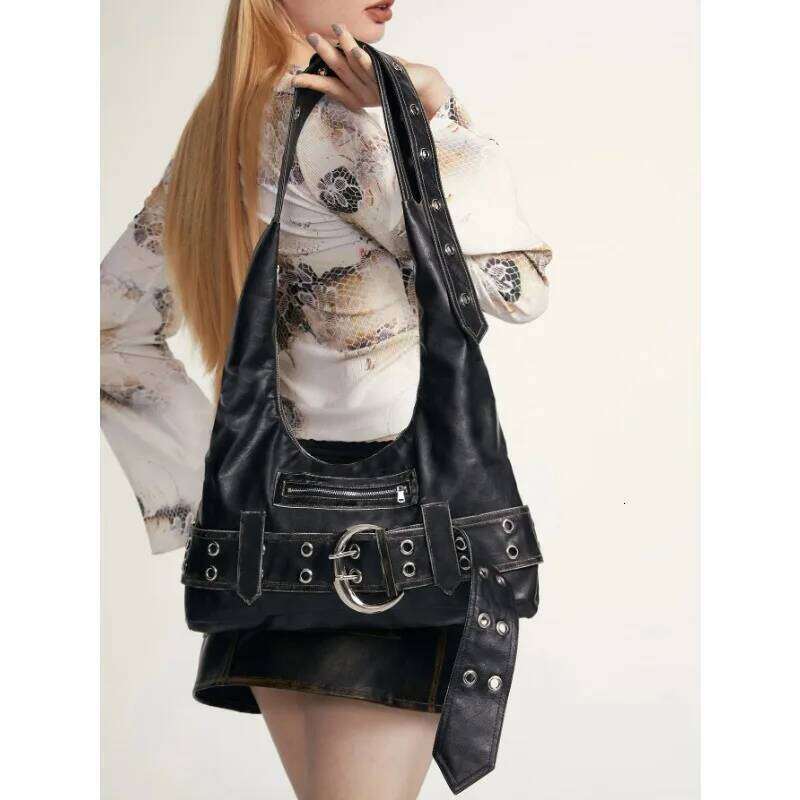 Belt buckle Women Luxury Designer Handbag And Purses PU Rivet Multiple Pockets Y2K Large Capacity Shoulder bags big totes Y260205