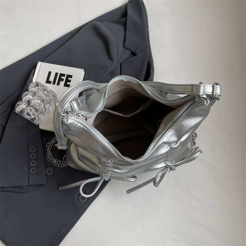 LEFTSIDE Bow Small PU Leather Shoulder Bags for Women 2024 Korean Fashion Females Silver Crossbody Bag Lady Simple Handbags Y260205