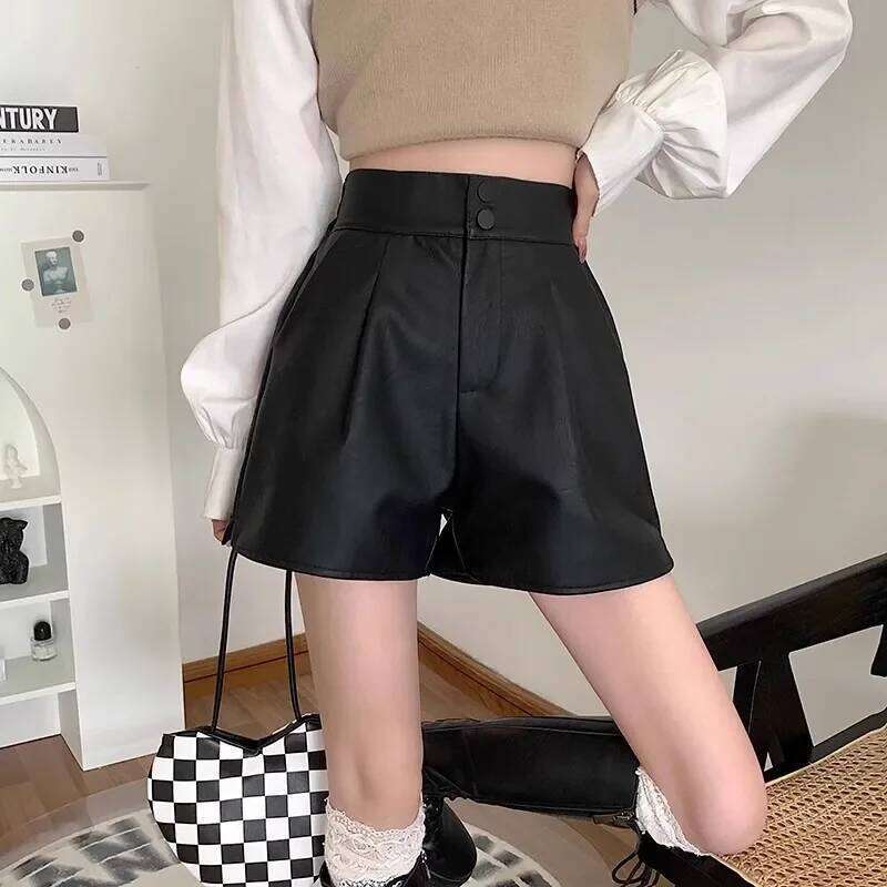 Black Leather Shorts Women's plus Size High Slimming Casual Wide Leg Boot Cut Pants Korean Style Low Waist XJ260206