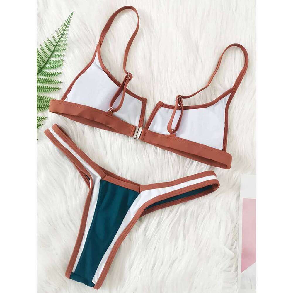 S - XL Splicing V Shaped Thong Women Swimsuit Female Swimwear Two Pieces Bikini Set Bather Push Up Bathing Suit Swim Lady XJ260206