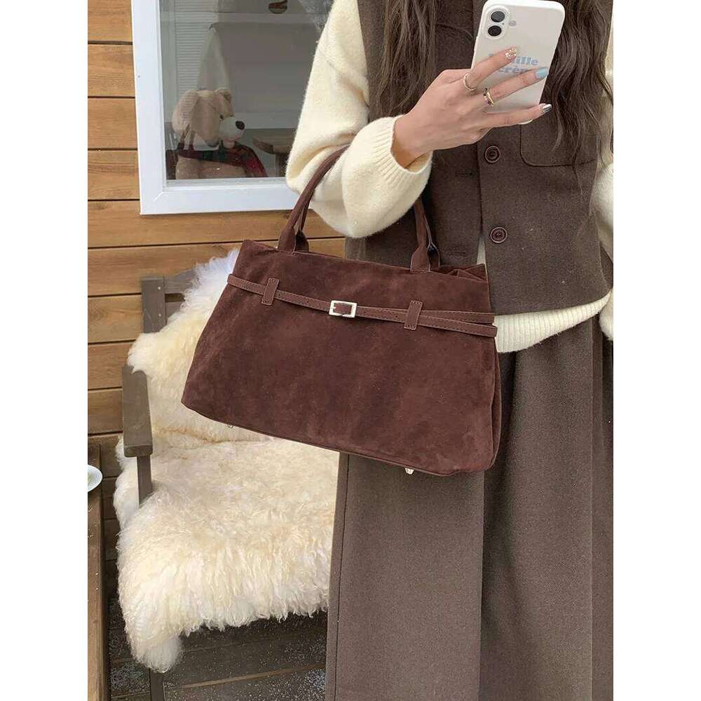 Retro Matte Suede Purse Handbags for Women Large Capacity Fall Winter Casual Tote Bag Belt Design Female Work Shoulder Bags Y260205