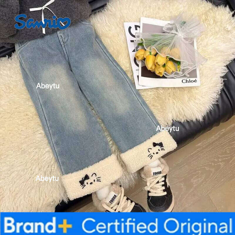 Sanrio Hot Y2K Girl Jeans Hello Kitty Kawaii Anime Autumn and Winter Student Keep Warm Long Pants Children's Clothing New Style H260206