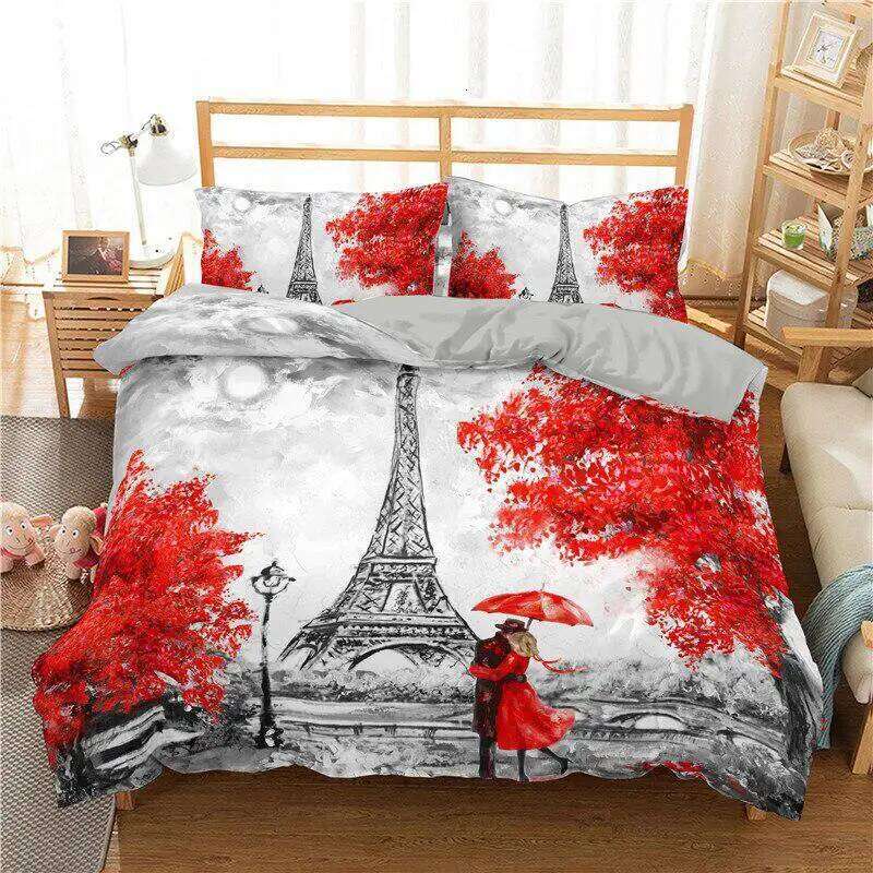 Eiffel Tower Bedding Queen Size Couple Valentine's Day Comforter Set For Women Romantic Paris Duvet Cover Room Decor XJ260206