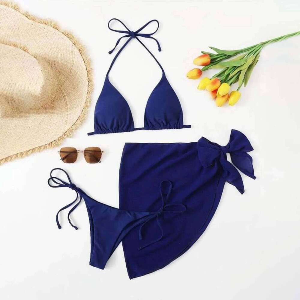 Women'S Solid Halter Backless Bikinis Set Sexy Triangle Cup Lace Bikini Top With Bottoms Cover Up 3 Piece Swimsuit Z260206