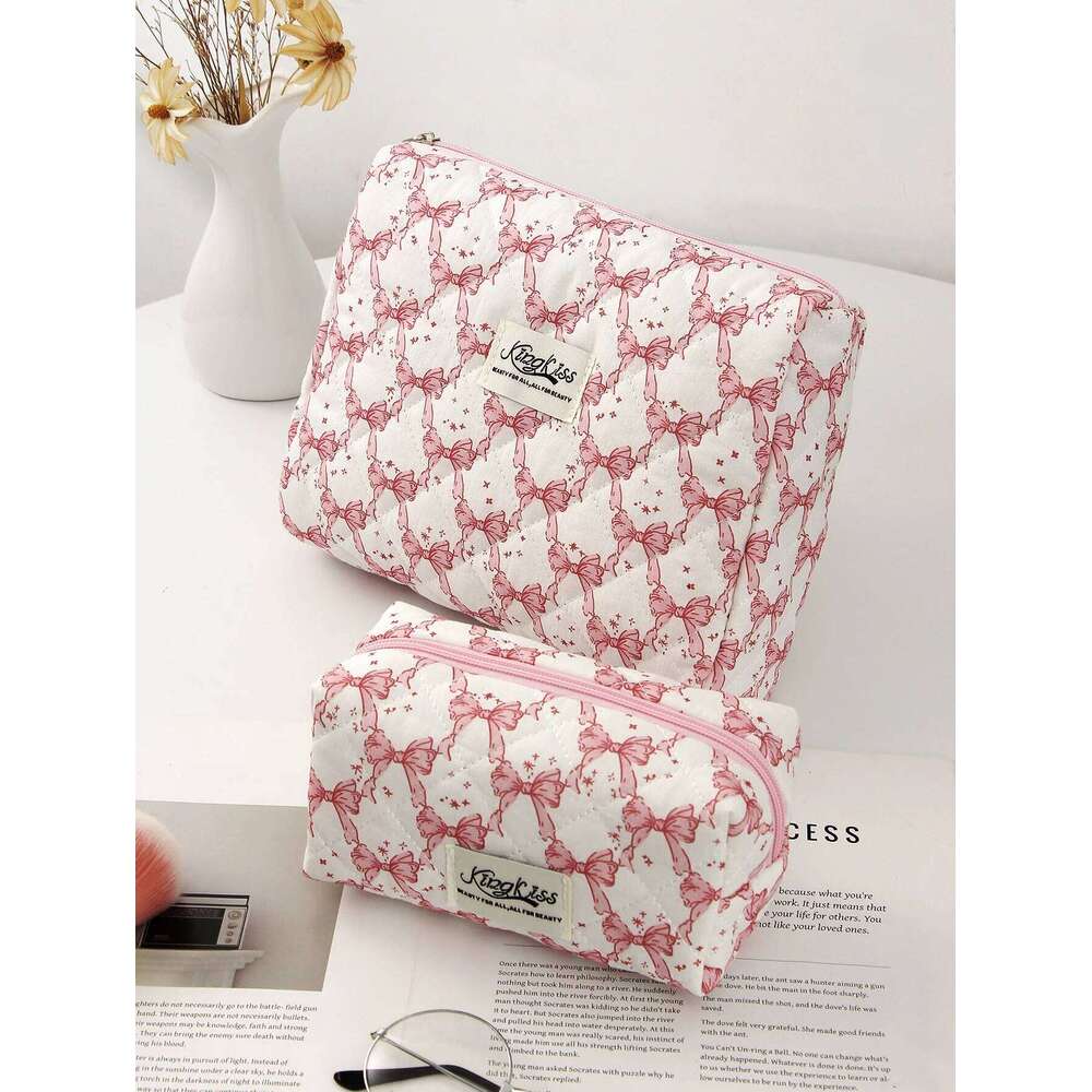 1pc/set Pink Mermaid Bow Quilted Essential Bag for Toiletries Storage, Travel Storage Makeup Bag, Multifuncti Y260206